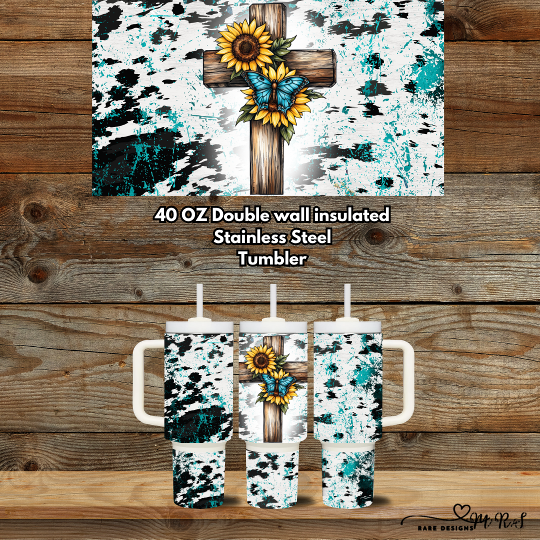 Turquoise Faith Cross 40oz Handle Tumbler Collection – Western Sunflower & Teal Splatter