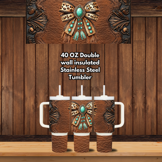 Turquoise Concho Bow — Tooled Leather Western Handled Tumblers - 40oz