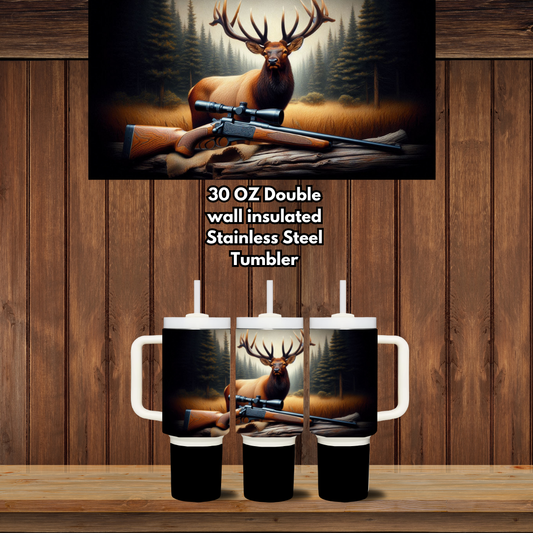 Elk Hunter 30oz Handled Tumbler — Double-Wall Insulated Stainless Steel (Lid + Straw)