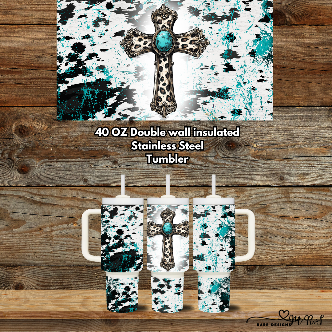 Turquoise Faith Cross 40oz Handle Tumbler Collection – Western Sunflower & Teal Splatter