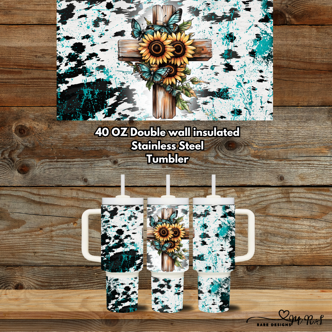 Turquoise Faith Cross 40oz Handle Tumbler Collection – Western Sunflower & Teal Splatter