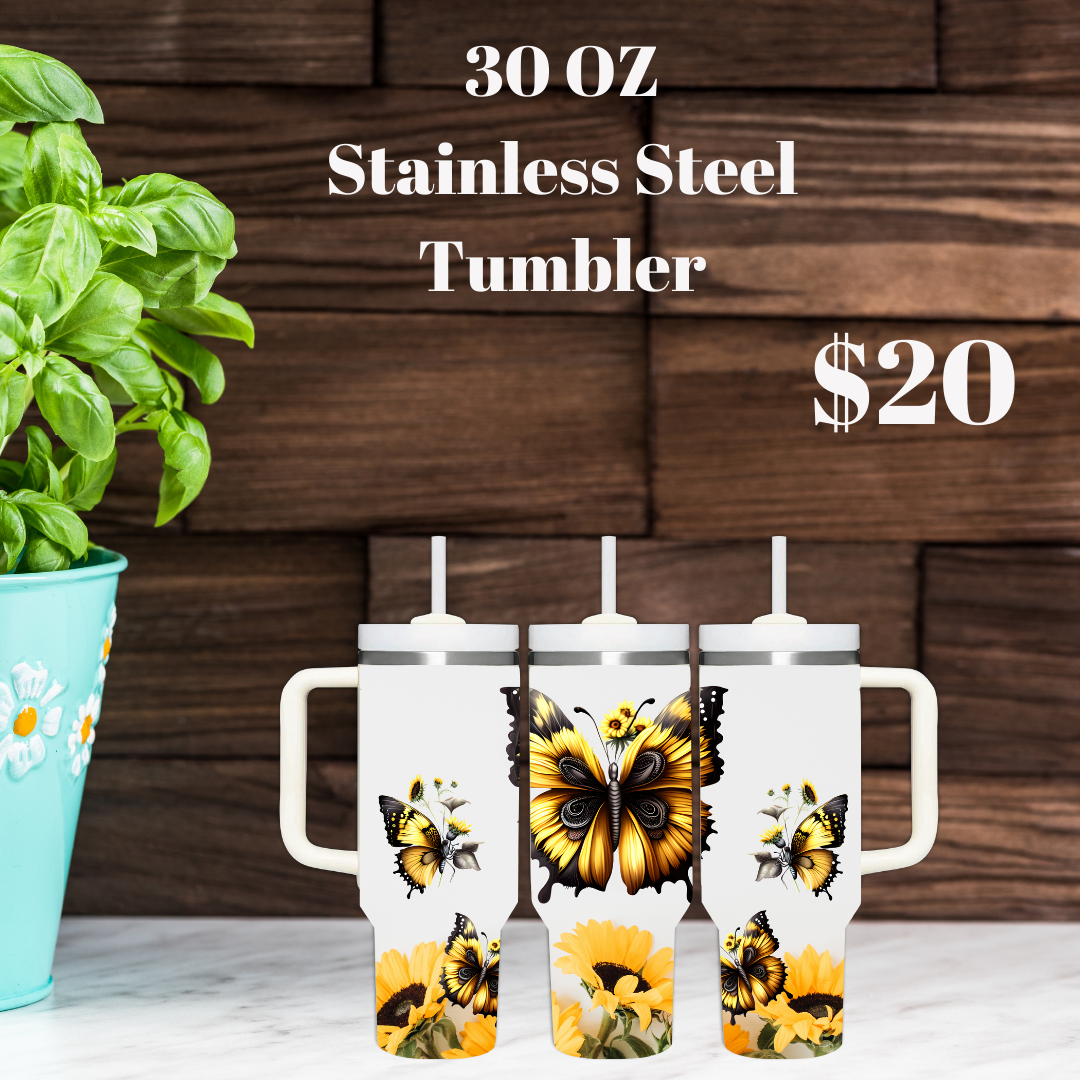 30oz Stainless Steel Tumbler with Sunflower and Butterfly Designs