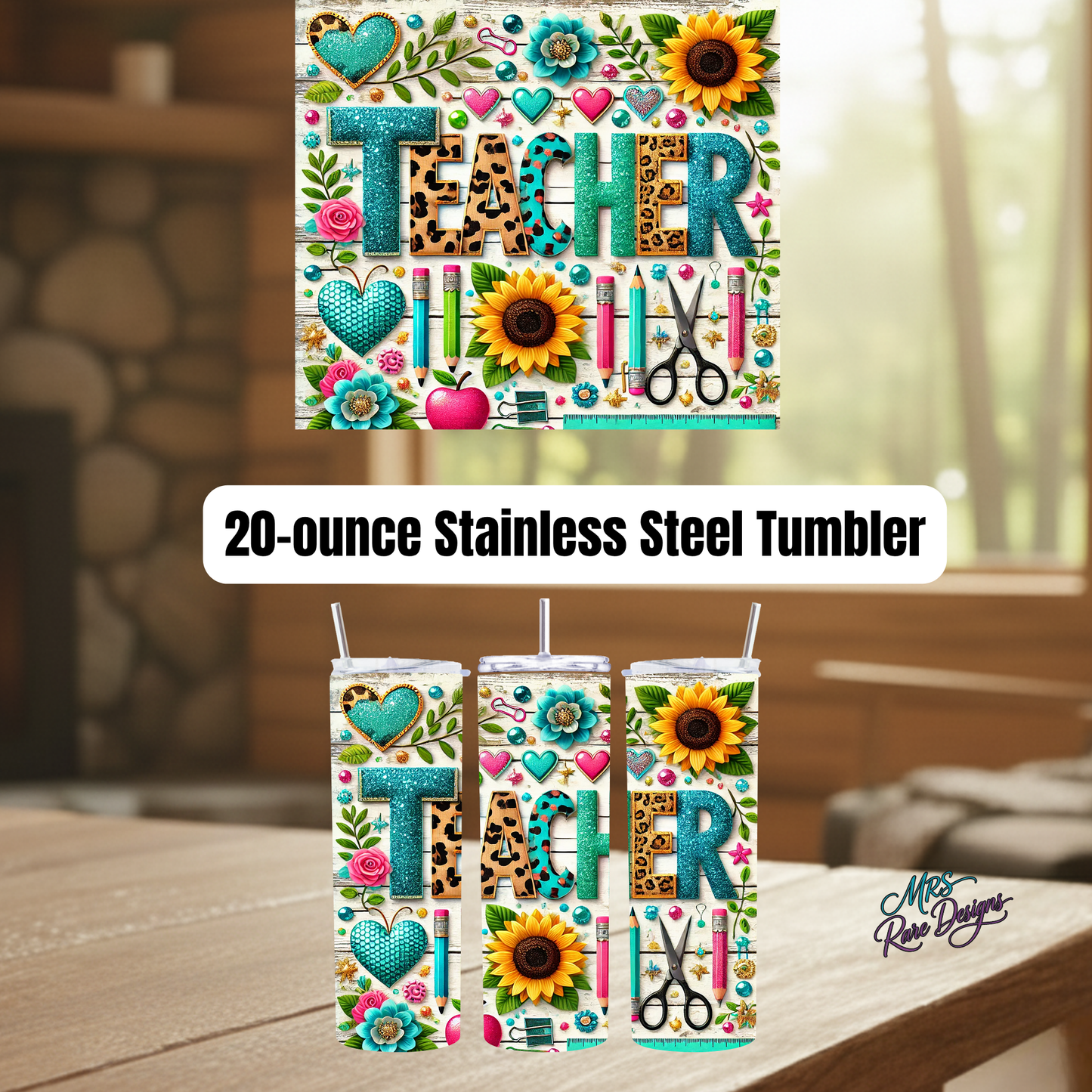 TeachShine Sunflower Leopard Teacher 20oz Stainless Steel Tumbler