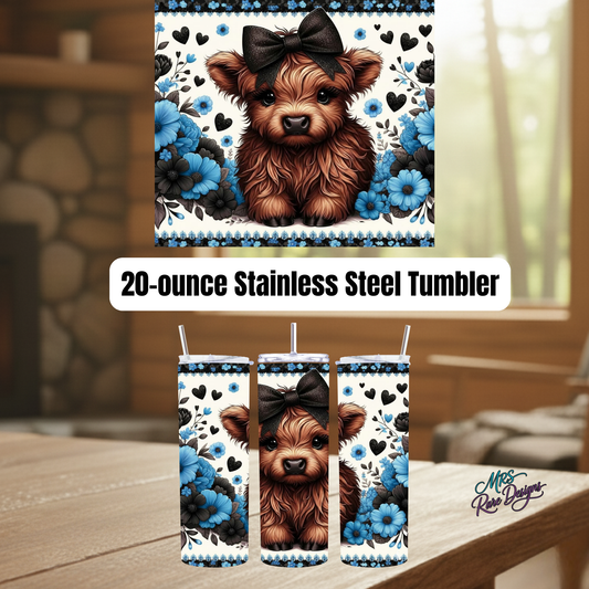 Highland Cow Floral 20oz Stainless Steel Tumbler Collection – Blue, Teal, Dark Pink, Lavender & Light Pink Farmhouse Style Gift