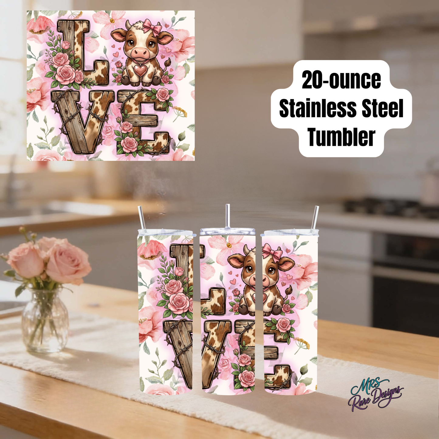 Love Floral Cow 20oz Stainless Steel Skinny Tumbler with Straw