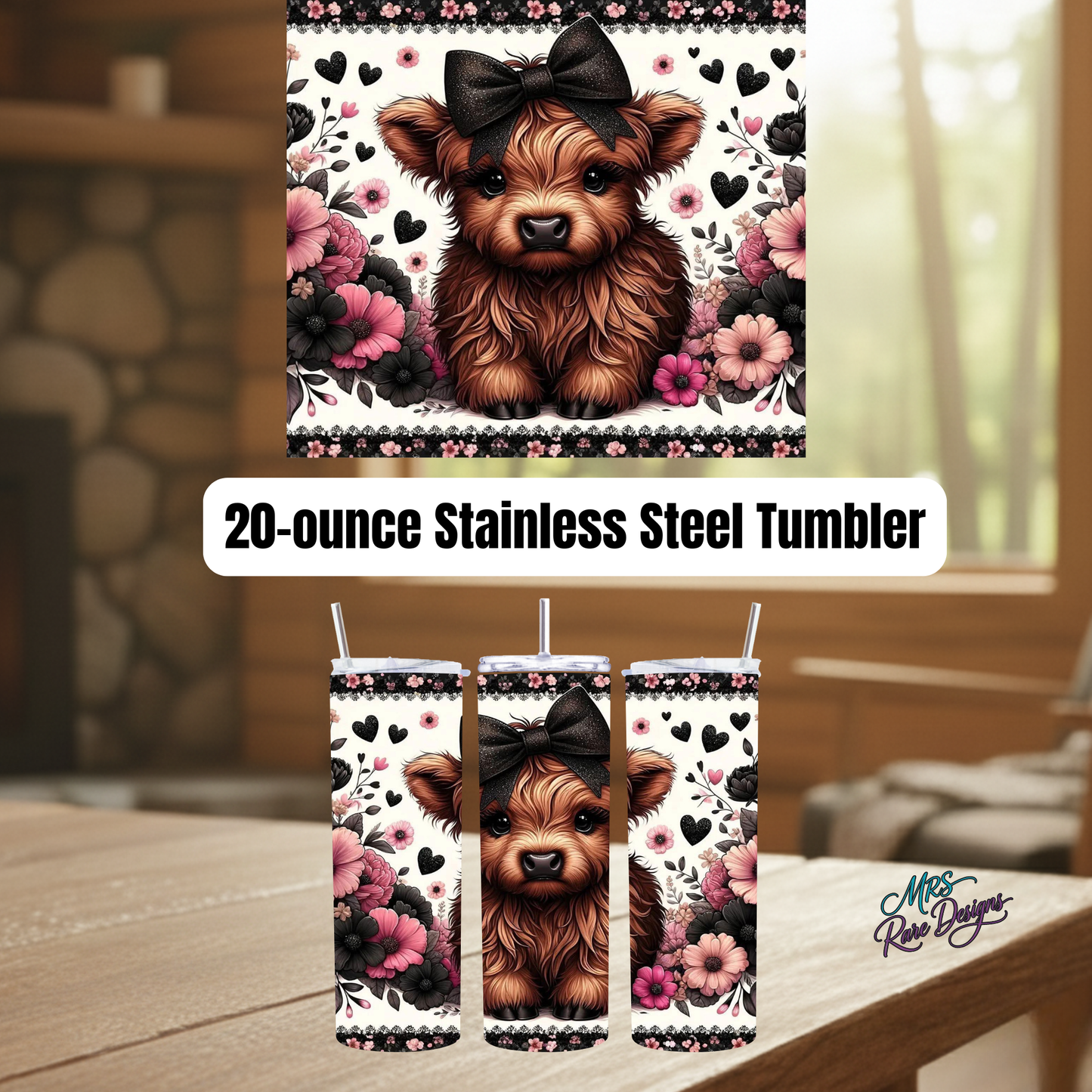 Highland Cow Floral 20oz Stainless Steel Tumbler Collection – Blue, Teal, Dark Pink, Lavender & Light Pink Farmhouse Style Gift