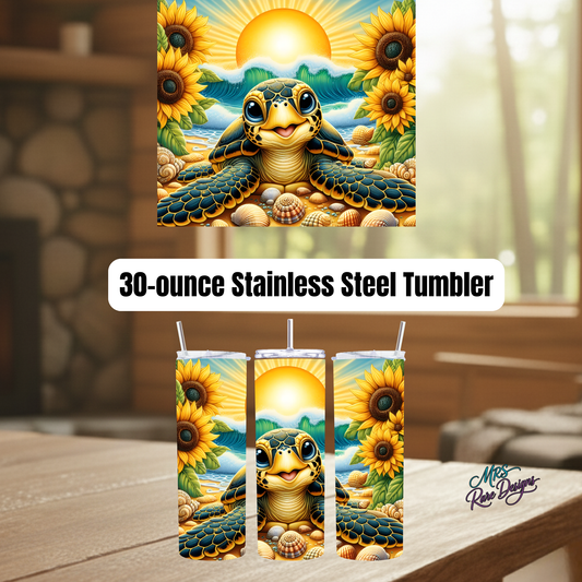 Cute Sunflower Sea Turtle Beach Sunset 30oz Stainless Steel Insulated Tumbler
