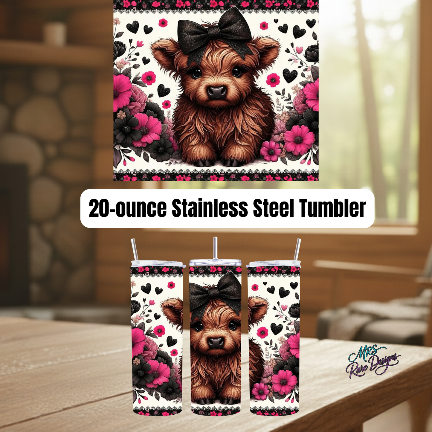 Highland Cow Floral 20oz Stainless Steel Tumbler Collection – Blue, Teal, Dark Pink, Lavender & Light Pink Farmhouse Style Gift