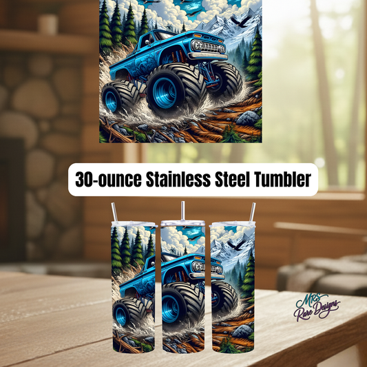 Blue Monster Truck Forest Mountain Scene 30oz Stainless Steel Insulated Tumbler