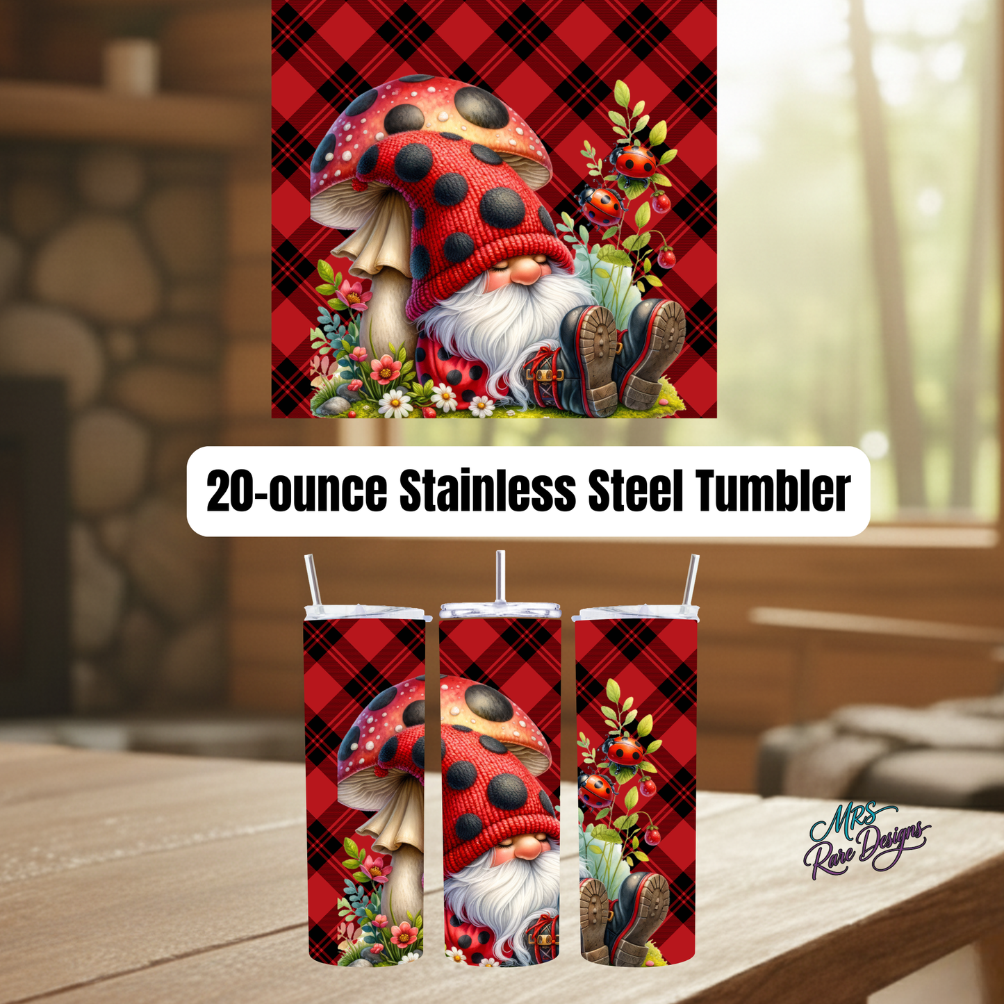 Ladybug Gnome Plaid 20oz Stainless Steel Tumbler – Red Buffalo Check Woodland Drinkware