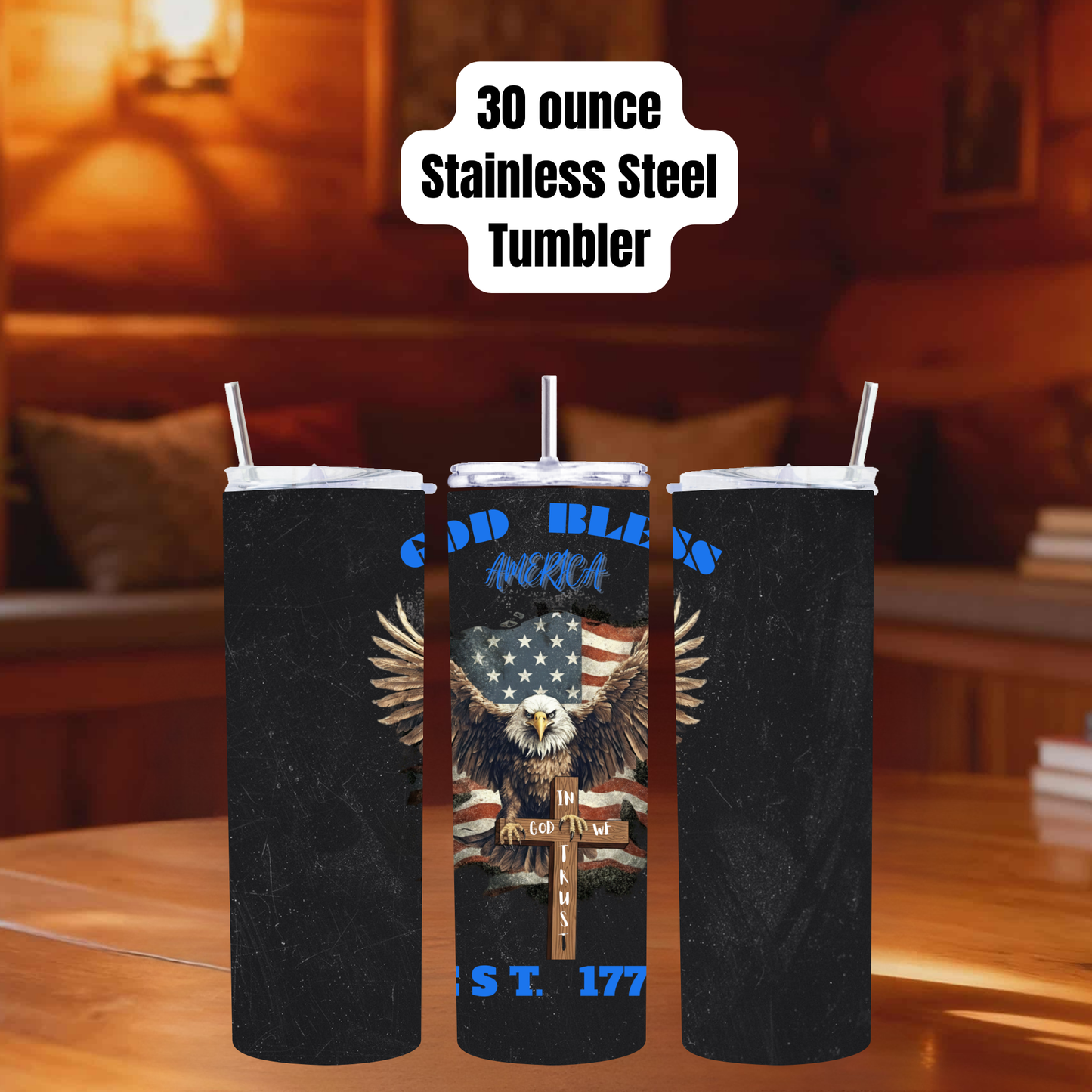 God Bless America 30oz Stainless Steel Tumbler – Bald Eagle & Cross Design