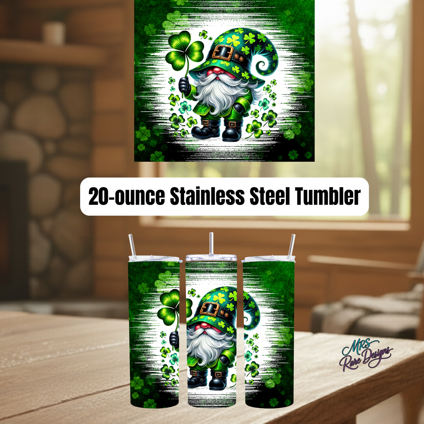 Lucky Shamrock Gnome 20oz Stainless Steel Tumbler — St. Patrick’s Day Irish Cup with Green Clover Design