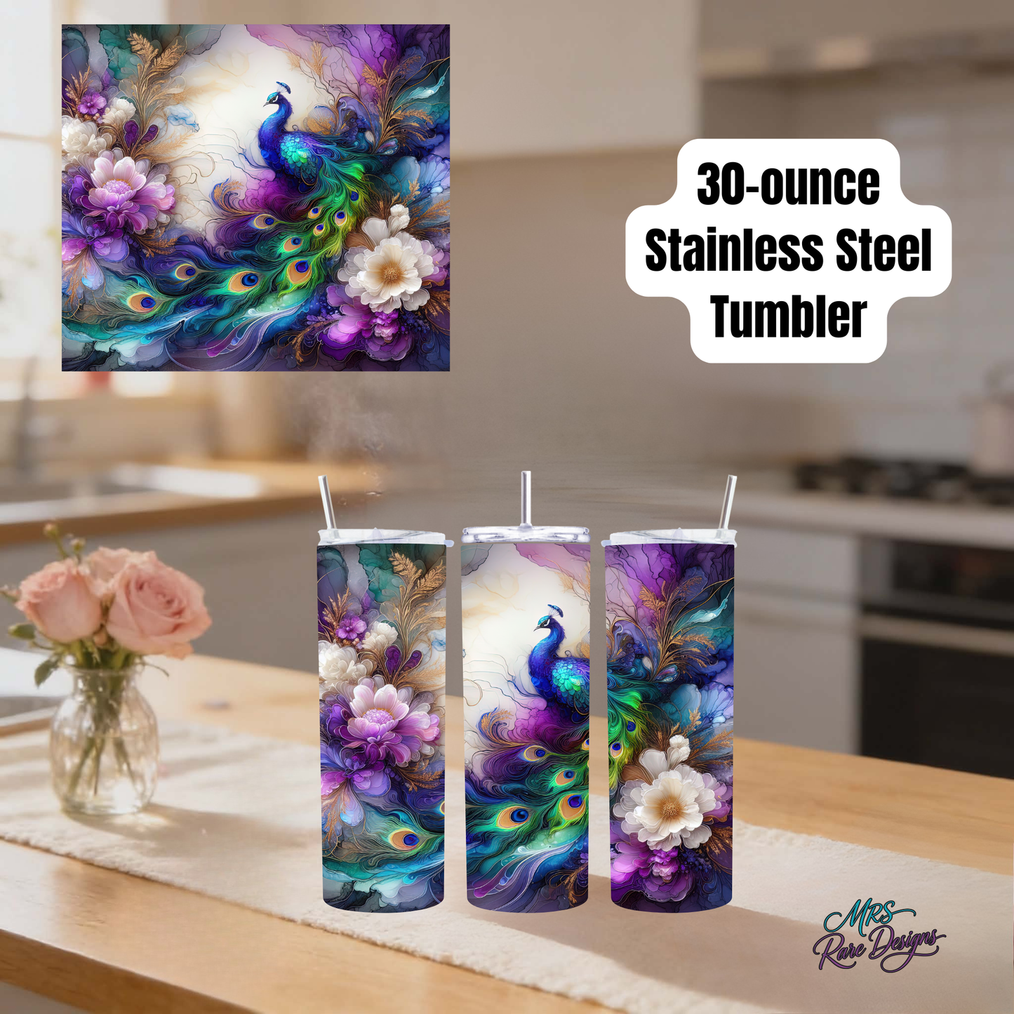 Peacock Luxury Gift Set – 5-Piece Matching Bundle with Tumbler, Car Coasters, Pop Socket, Keychain & Felt Air Freshener Available in 20oz or 30oz Tumbler Options – Save $4 on the Complete Set!