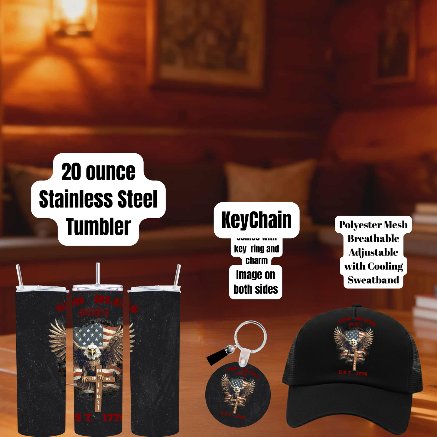 God Bless America Deluxe Set – 20oz Tumbler, Keychain & Trucker Hat (Save $3)