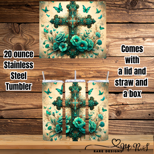 Turquoise Faith Floral Cross – 20oz Stainless Steel Tumbler