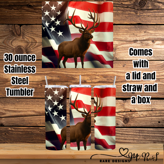 Patriotic Elk 30oz Stainless Steel Tumbler — Lid, Straw & Gift Box