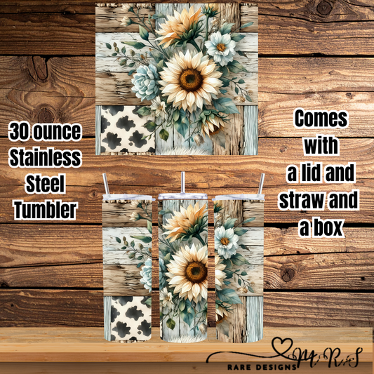 Rustic Sunflower Patchwork 30oz Stainless Steel Tumbler — Lid, Straw & Gift Box