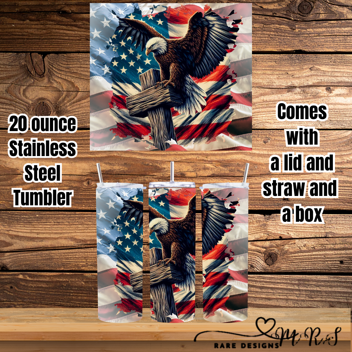 Patriotic Eagle 20oz Stainless Steel Tumbler with Lid & Straw