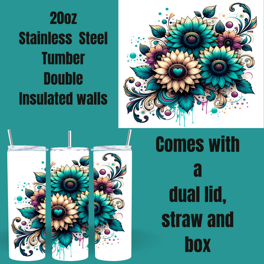 Boho Bloom 20oz Tumbler – Teal Sunflower Splash