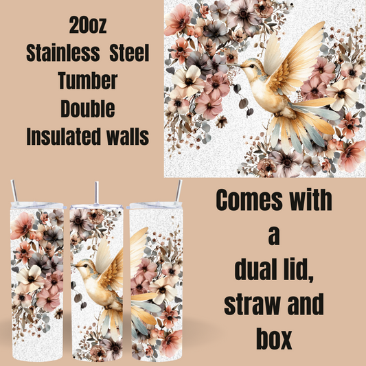 Golden Grace 20oz Tumbler – Hummingbird & Bloom Edition