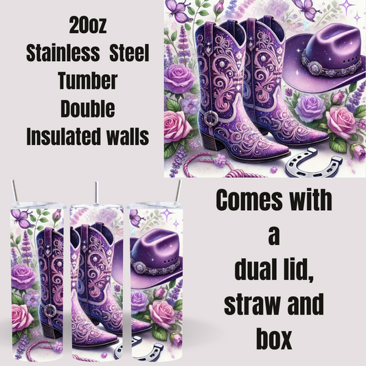 Wildflower Cowgirl 20oz Tumbler – Purple Boots & Hat Edition