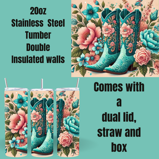 Teal Bloom Cowgirl 20oz Tumbler – Floral Boot Edition