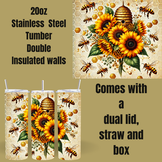 Honeycomb Bloom 20oz Tumbler – Sunflowers & Bees Edition