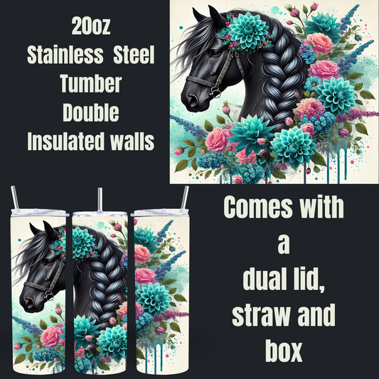 Midnight Mane 20oz Tumbler – Floral Horse Edition