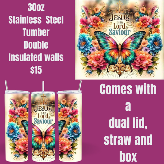 "Faithful Butterfly and Floral Tumbler - 30oz Stainless Steel