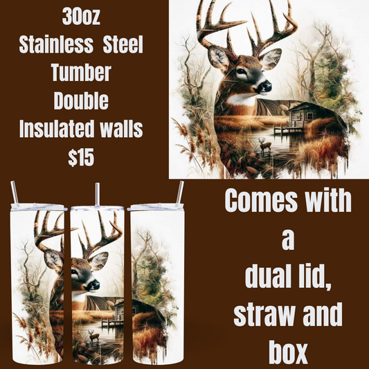 Serene Deer and Cabin Scene Tumbler - 30oz Stainless Steel