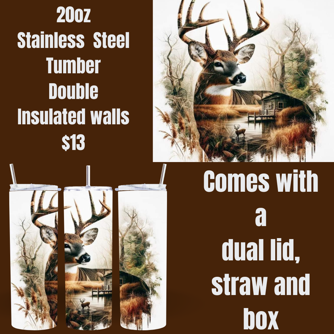 Serene Deer and Cabin Scene Tumbler - 20oz Stainless Steel