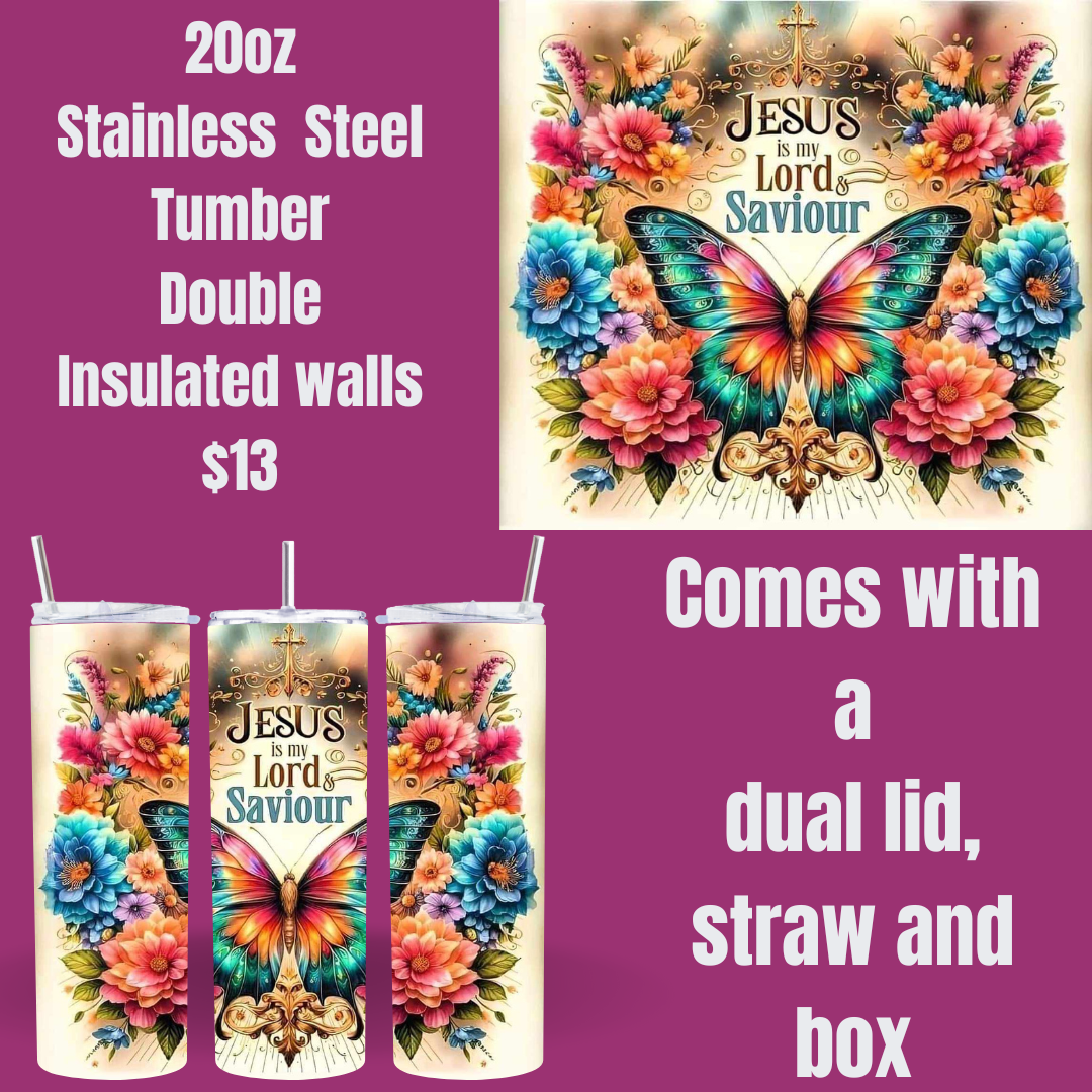 Faithful Butterfly and Floral Tumbler - 20oz Stainless Steel