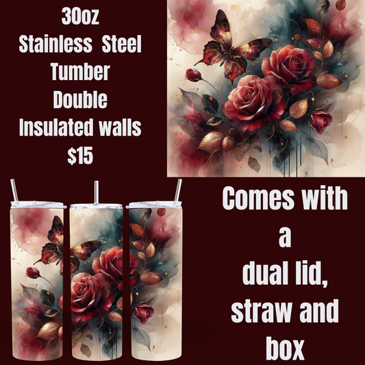 Elegant Roses and Butterflies Tumbler - 30oz Stainless Steel