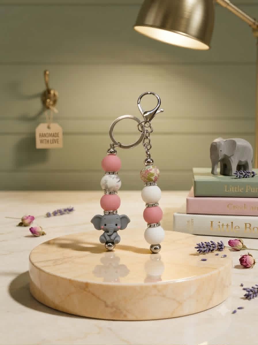 Rosy Little Elephant Beaded Keychain