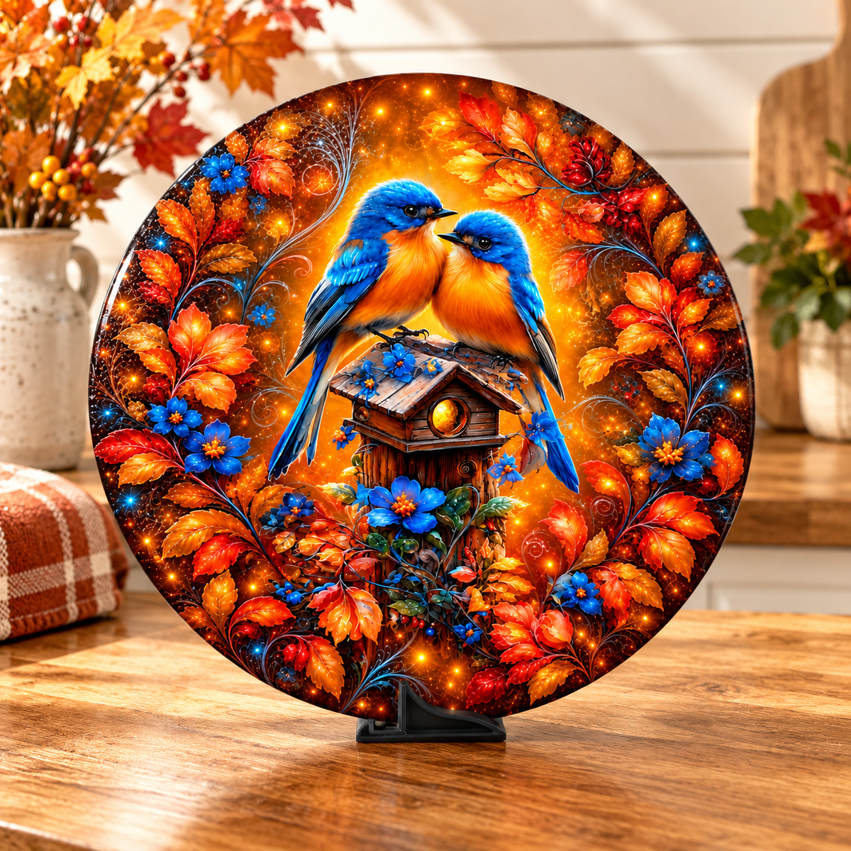 Amber Garden Bluebirds Round Glass Cutting Board – 11.8 Inch