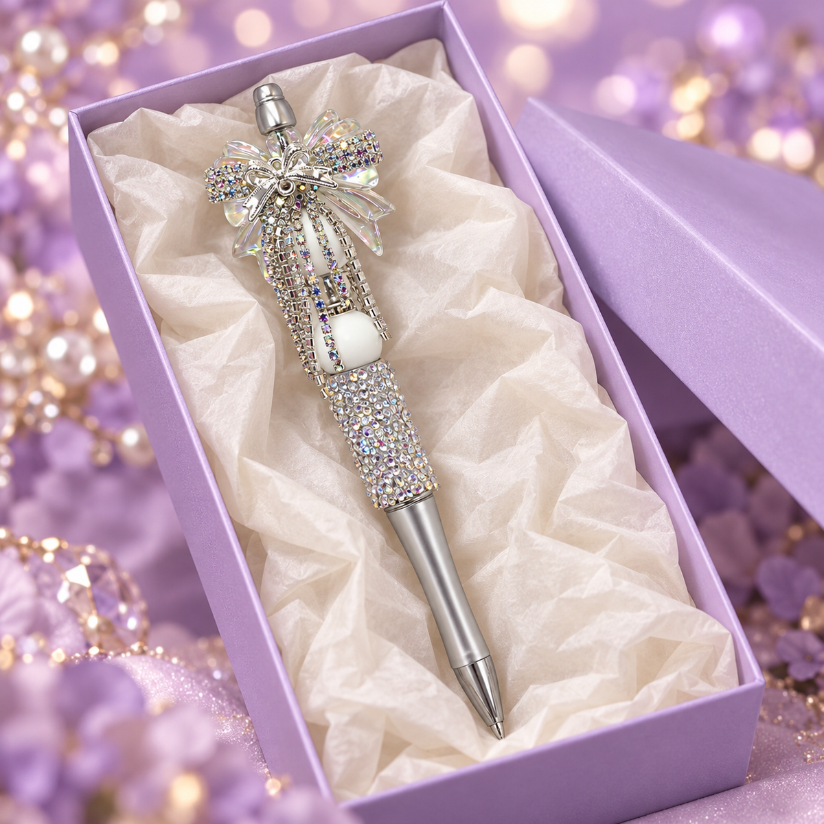Iridescent Elegance Rhinestone Bow Pen