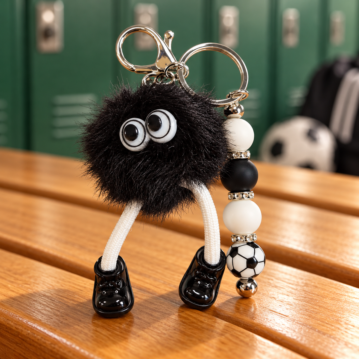 Black Fuzzy Monster Soccer Beaded Keychain