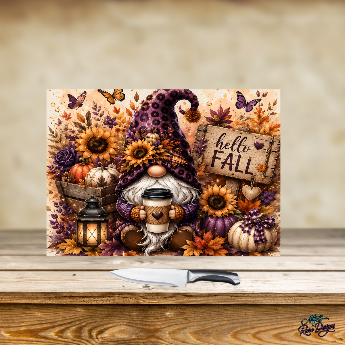 Purple Leopard Print Gnome "Hello Fall" Glass Cutting Board