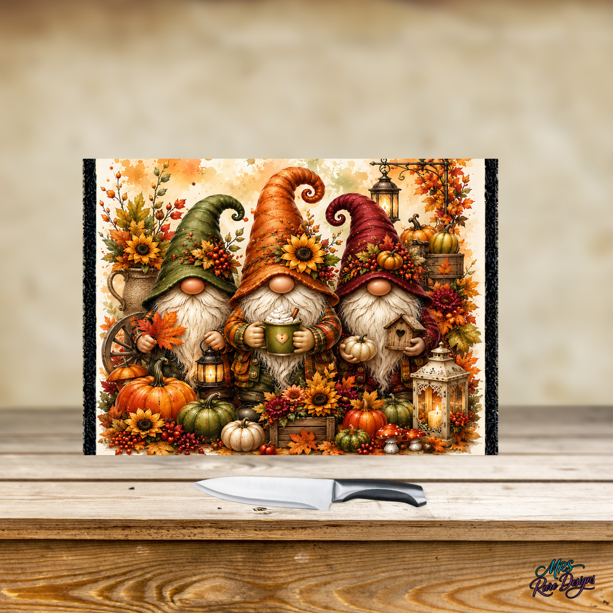 Autumn Gnomes Harvest Glass Cutting Board
