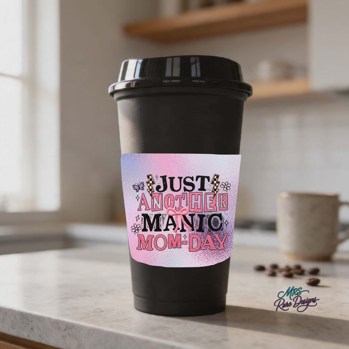 Just Another Manic Mom-Day Pink Bow Design 16oz Reusable Travel Mug with Lid & Decorative Sleeve
