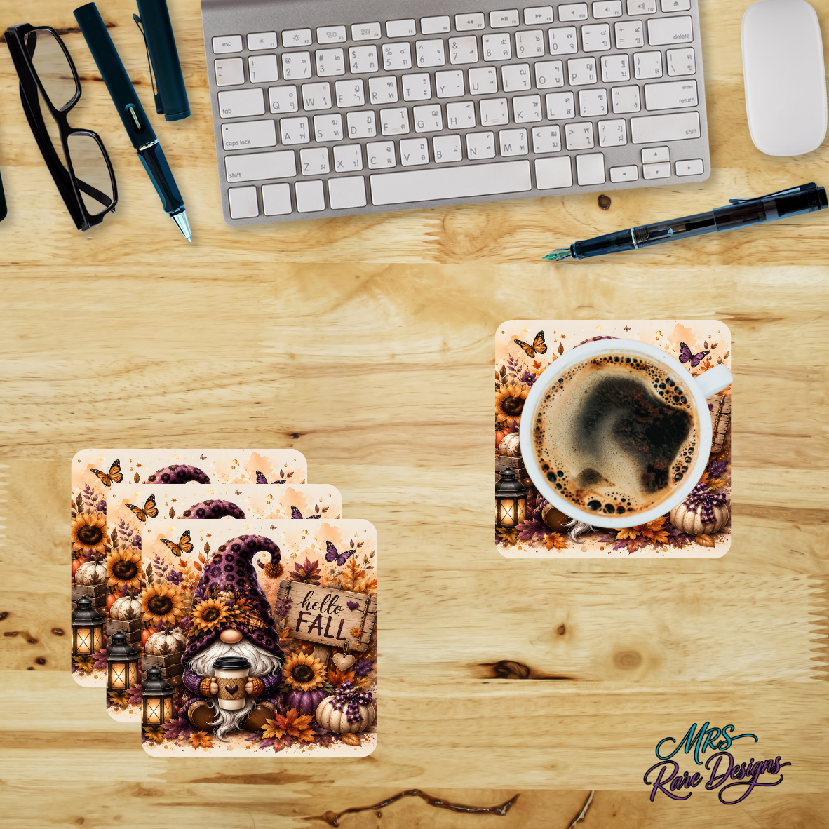 Purple Leopard Print "Hello Fall" Glass Coaster Set (Set of 4)