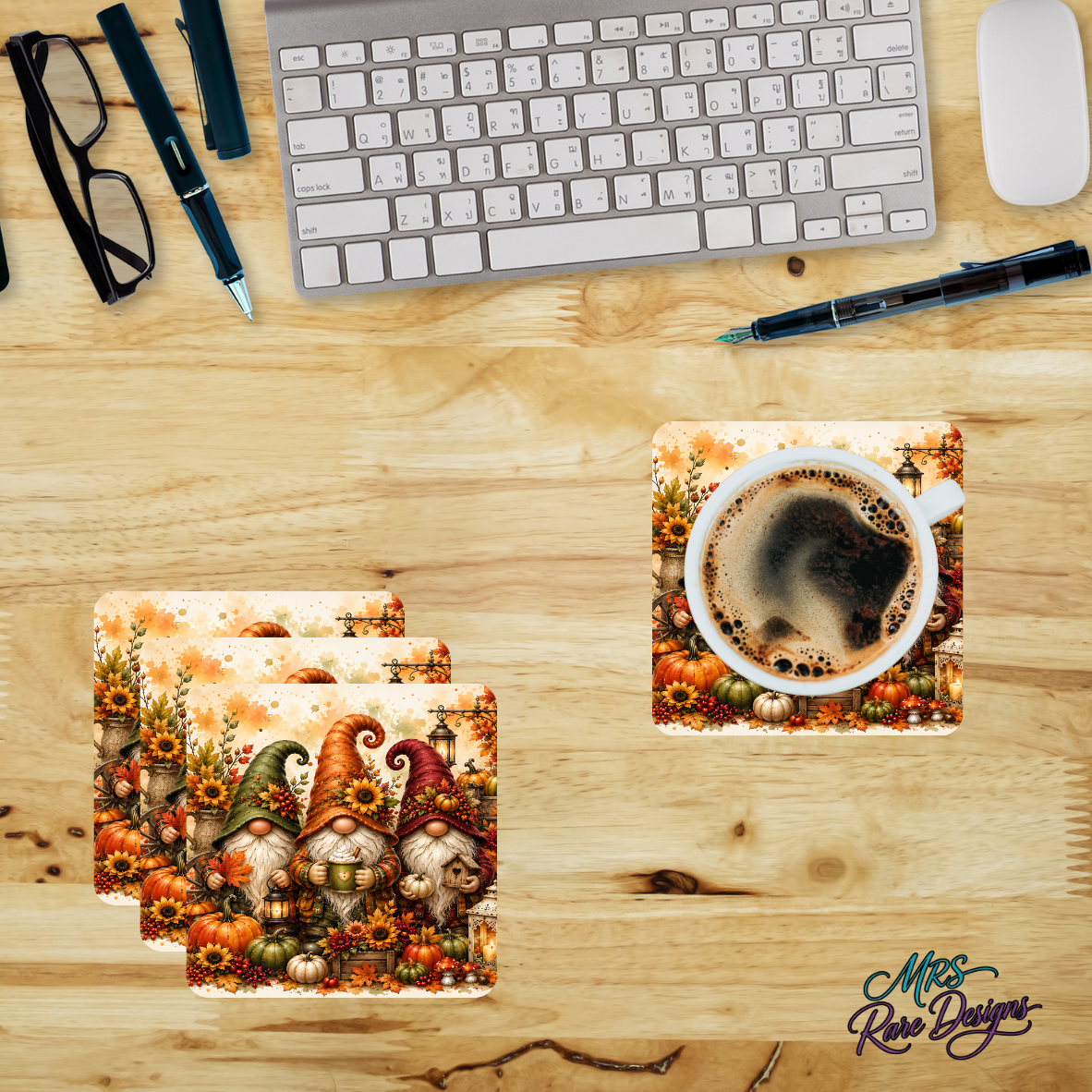 Cozy Harvest Autumn Gnomes Glass Coaster Set (Set of 4)