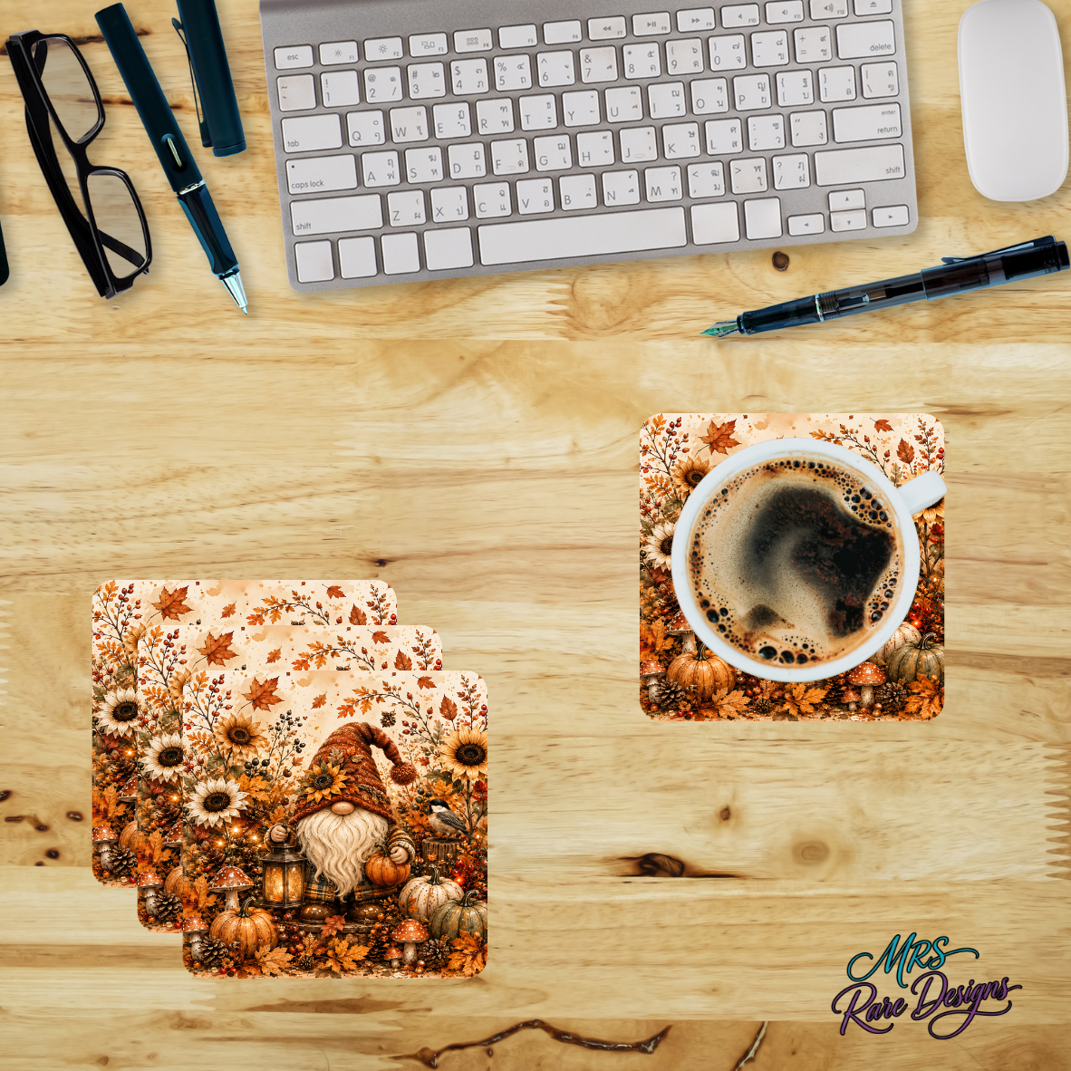 Golden Autumn Sunflower Gnome Glass Coaster Set (Set of 4)