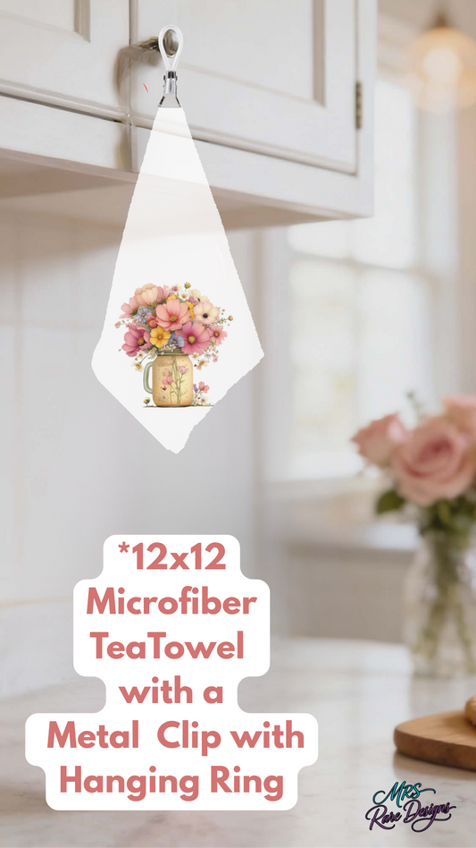 Floral Mason Jar 12x12 Microfiber Tea Towel with Hanging Ring Clip