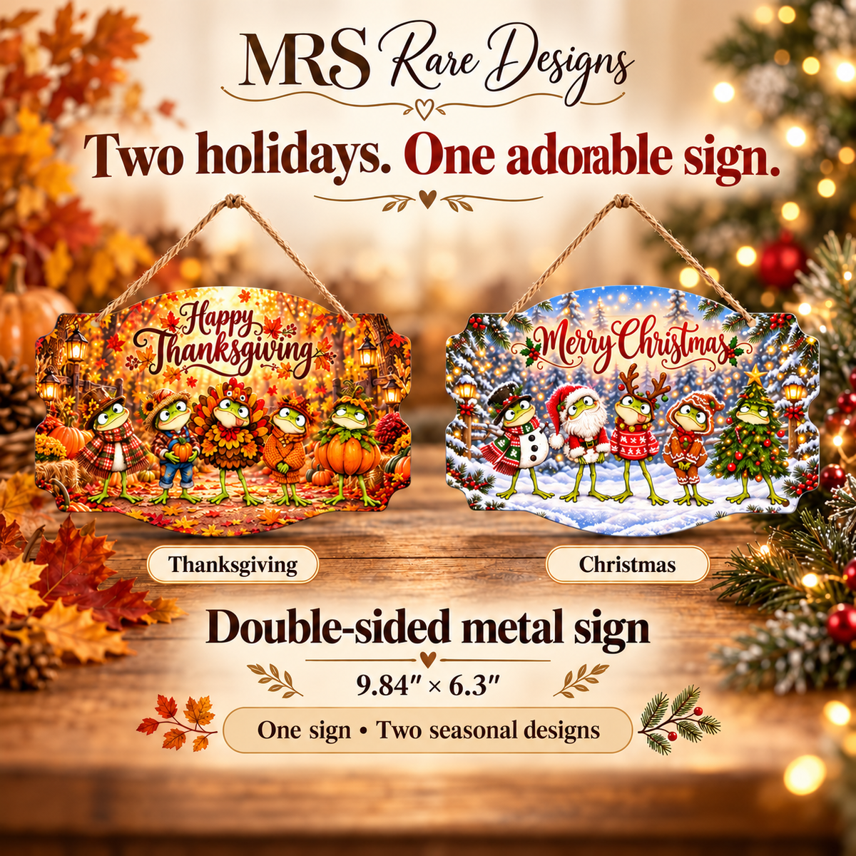 Hoppy Holidays Double-Sided Thanksgiving & Christmas Metal Sign