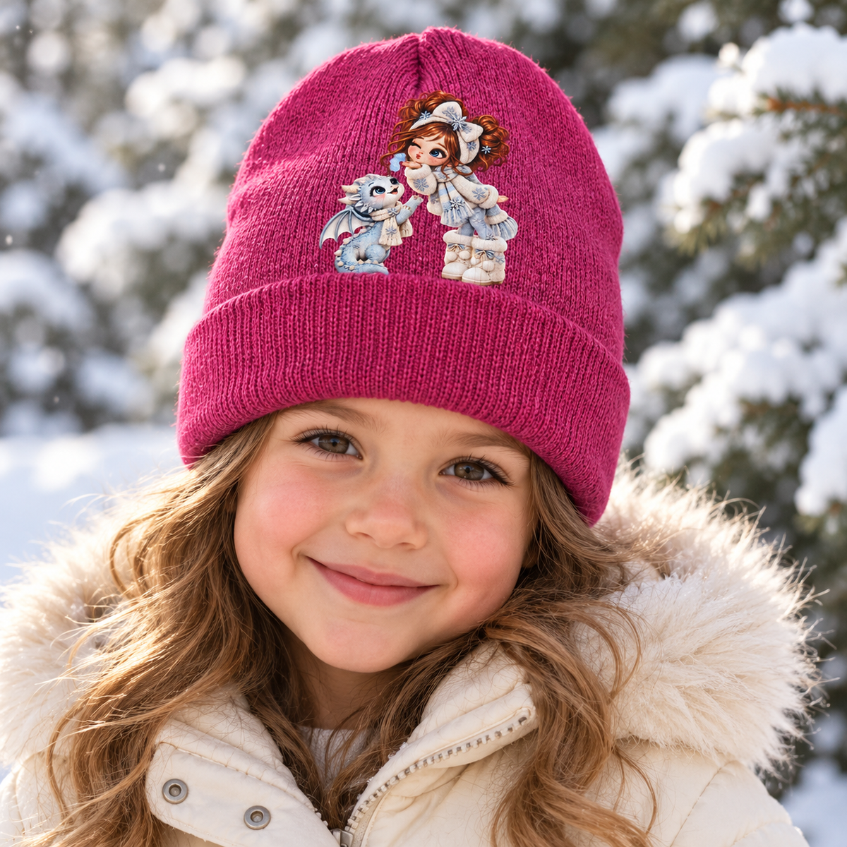 Winter Kisses Pink Girl & Dragon Beanie