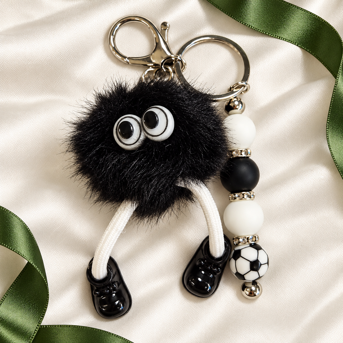 Black Fuzzy Monster Soccer Beaded Keychain