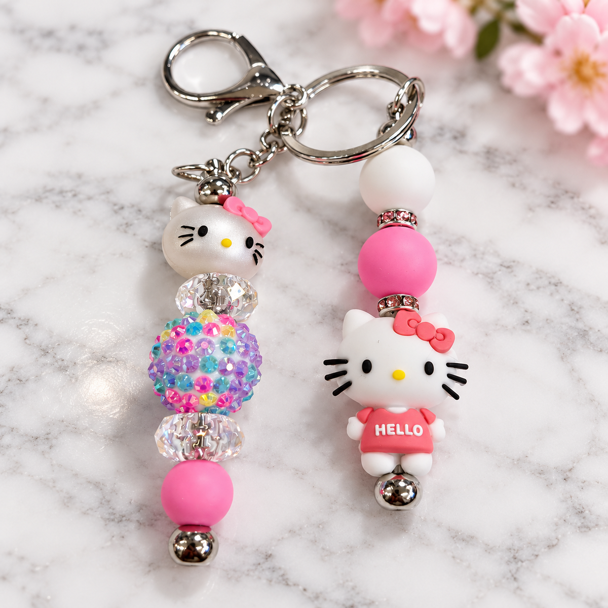 Pink Cat Beaded Keychain with Bow