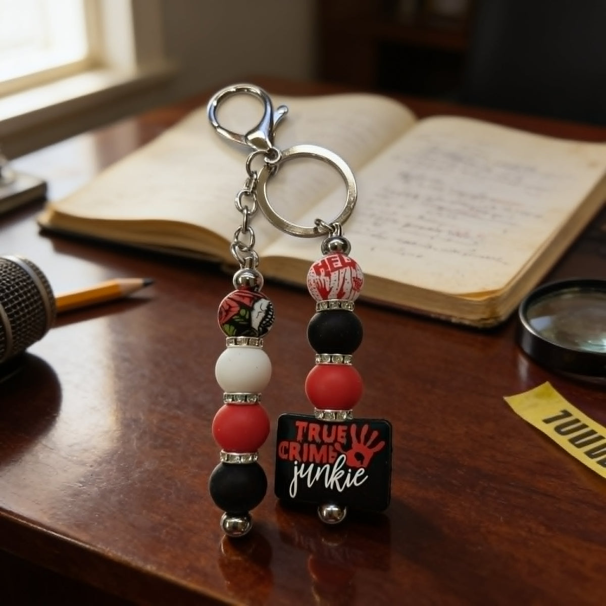 One More Episode True Crime Junkie Beaded Keychain