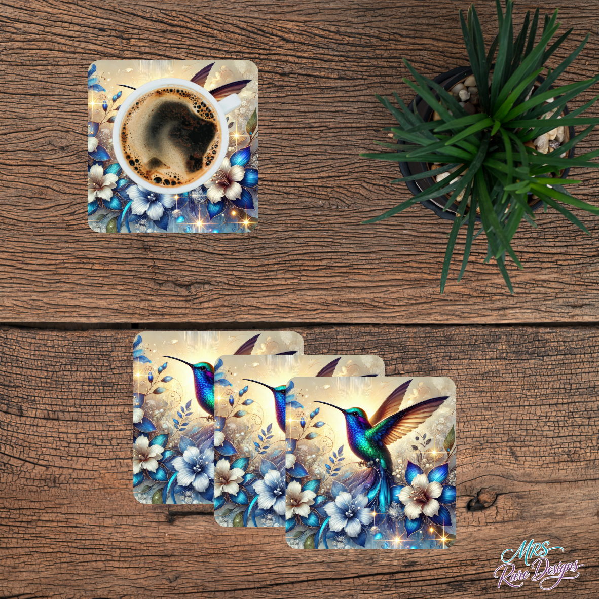 "Whimsy Wings" Iridescent Hummingbird Glass Coasters — Set of 4